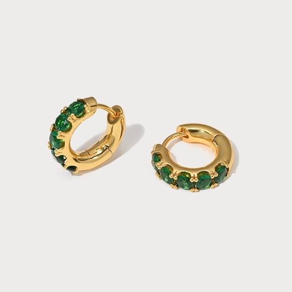 Emerald Huggie Hoop Earrings, Emerald Hoop Earrings, Green Gem Earrings - Picture 3 of 9
